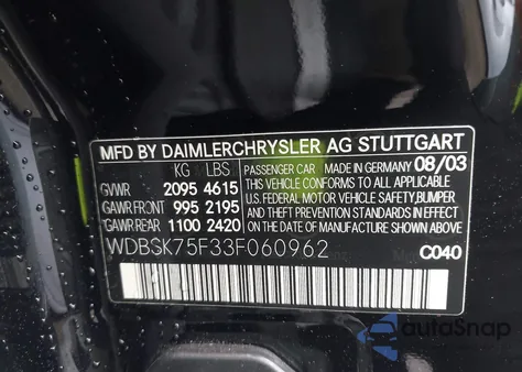 2003 Mercedes-Benz Sl 500 z USA, uszkodzony, nr VIN WDBSK75F33F060962